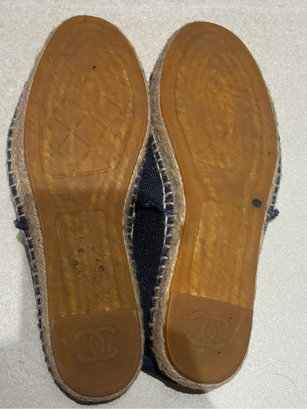 CHANEL Navy Canvas Espadrilles with Black Cap Toe and Embroidered CC